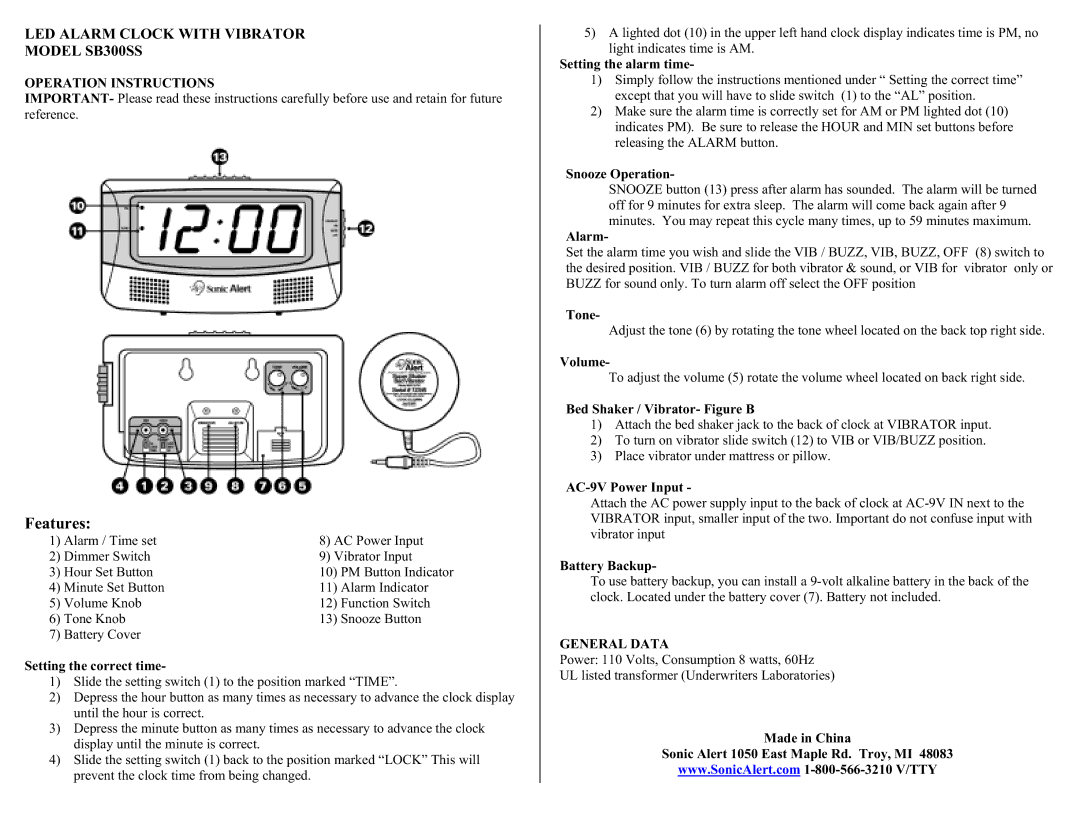 Sonic Alert SB300SS warranty Operation Instructions, General Data 