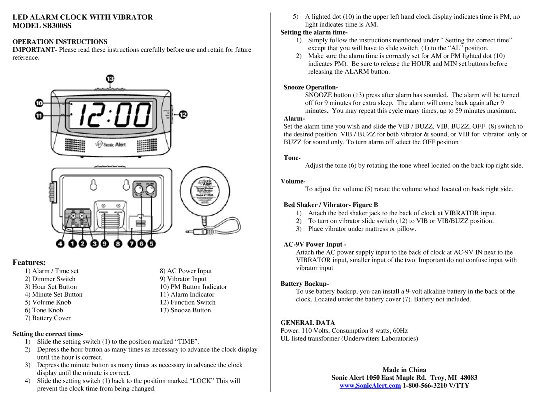 Sonic Alert SB300SS warranty Operation Instructions, General Data 