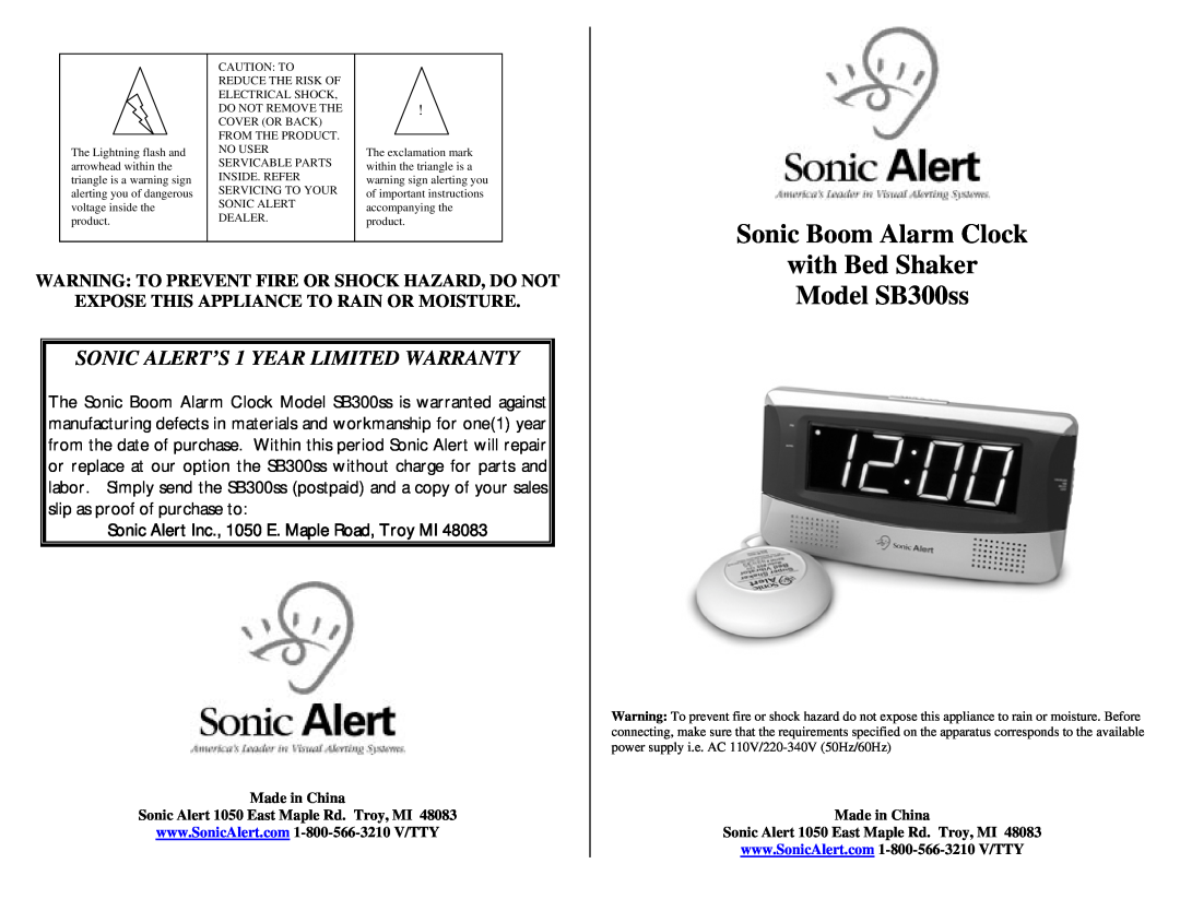 Sonic Alert SB300SS warranty Warning To Prevent Fire Or Shock Hazard, Do Not, Expose This Appliance To Rain Or Moisture 
