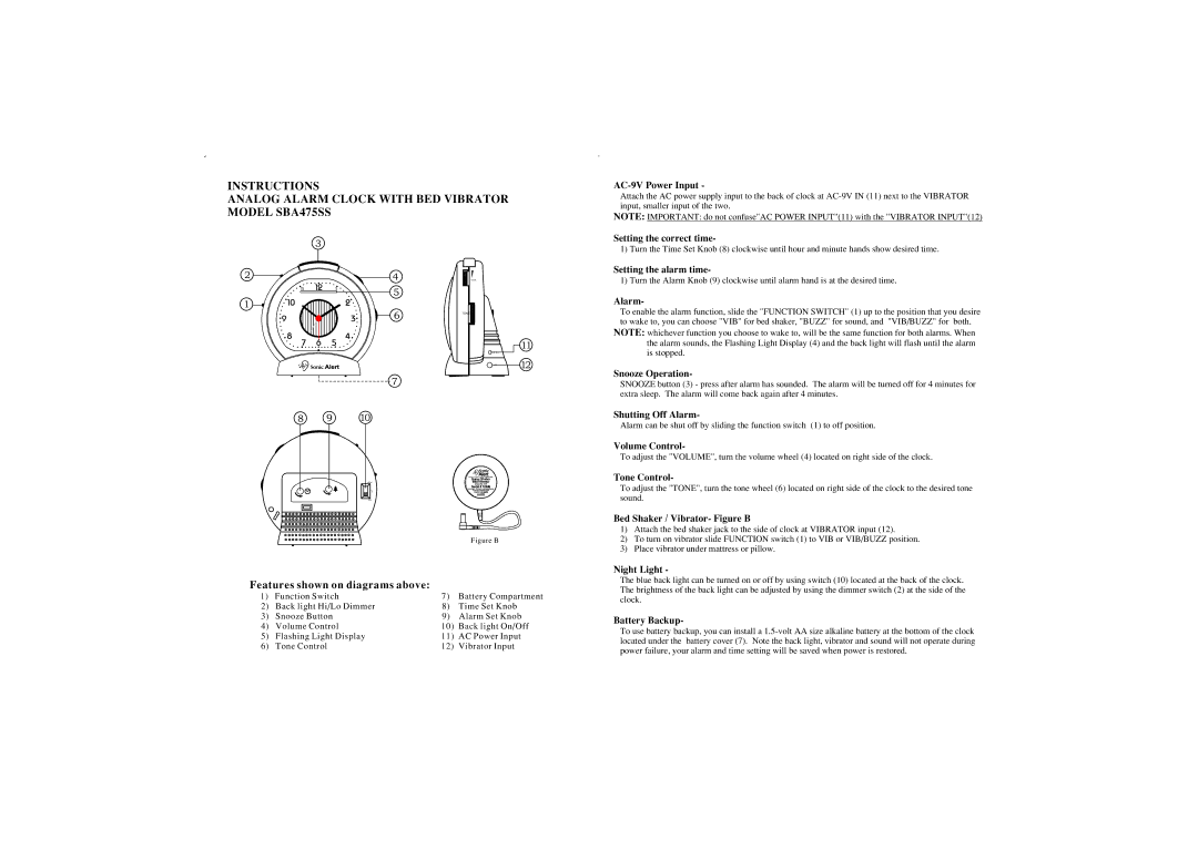 Sonic Alert SBA475SS warranty AC-9V Power Input, Setting the correct time, Setting the alarm time, Alarm, Snooze Operation 