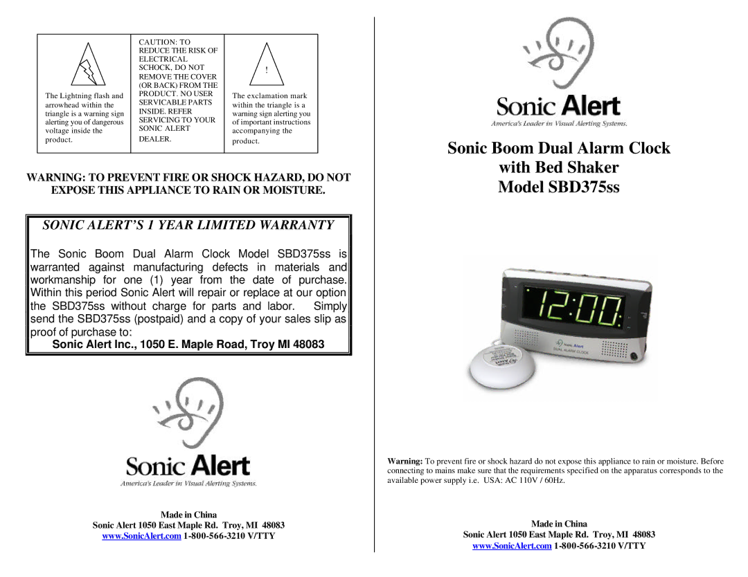 Sonic Alert SBD375SS warranty Sonic Boom Dual Alarm Clock, With Bed Shaker Model SBD375ss 