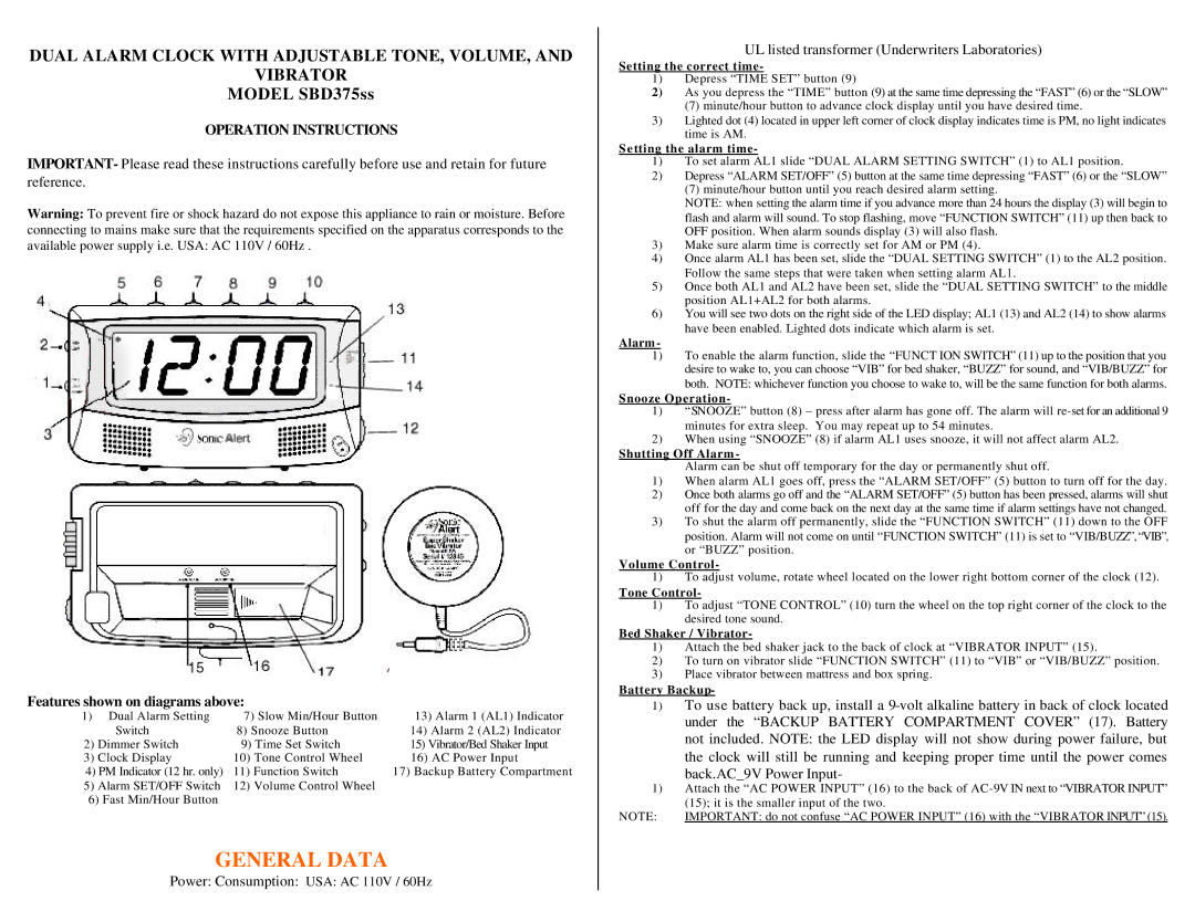 Sonic Alert SBD375SS Setting the correct time, Setting the alarm time, Snooze Operation, Shutting Off Alarm, Tone Control 