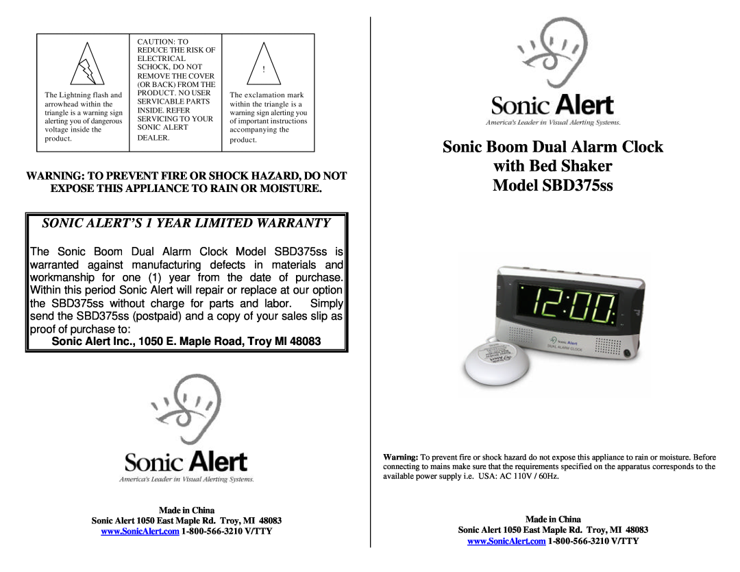 Sonic Alert SBD375SS warranty Made in China Sonic Alert 1050 East Maple Rd. Troy, MI, Sonic Boom Dual Alarm Clock 