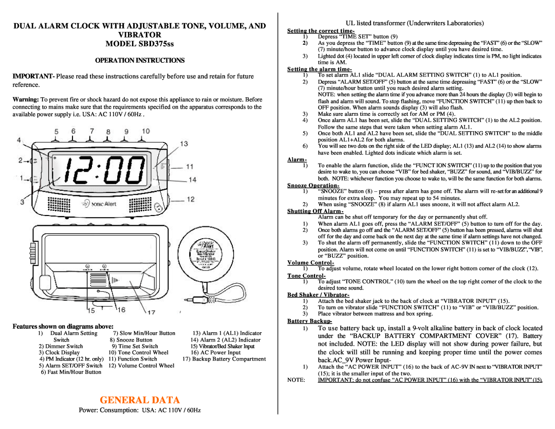 Sonic Alert SBD375SS Operation Instructions, Features shown on diagrams above, General Data, MODEL SBD375ss, Tone Control 