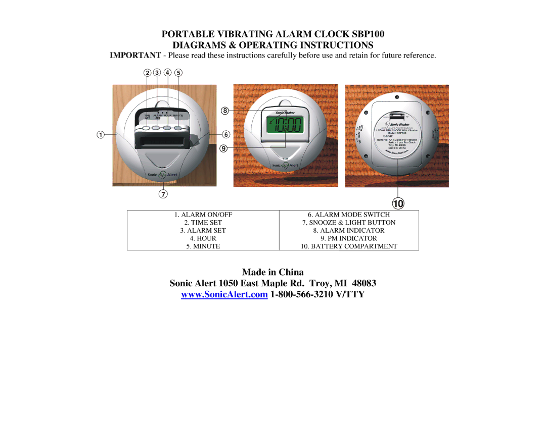 Sonic Alert SBP100 warranty Made in China Sonic Alert 1050 East Maple Rd. Troy, MI 