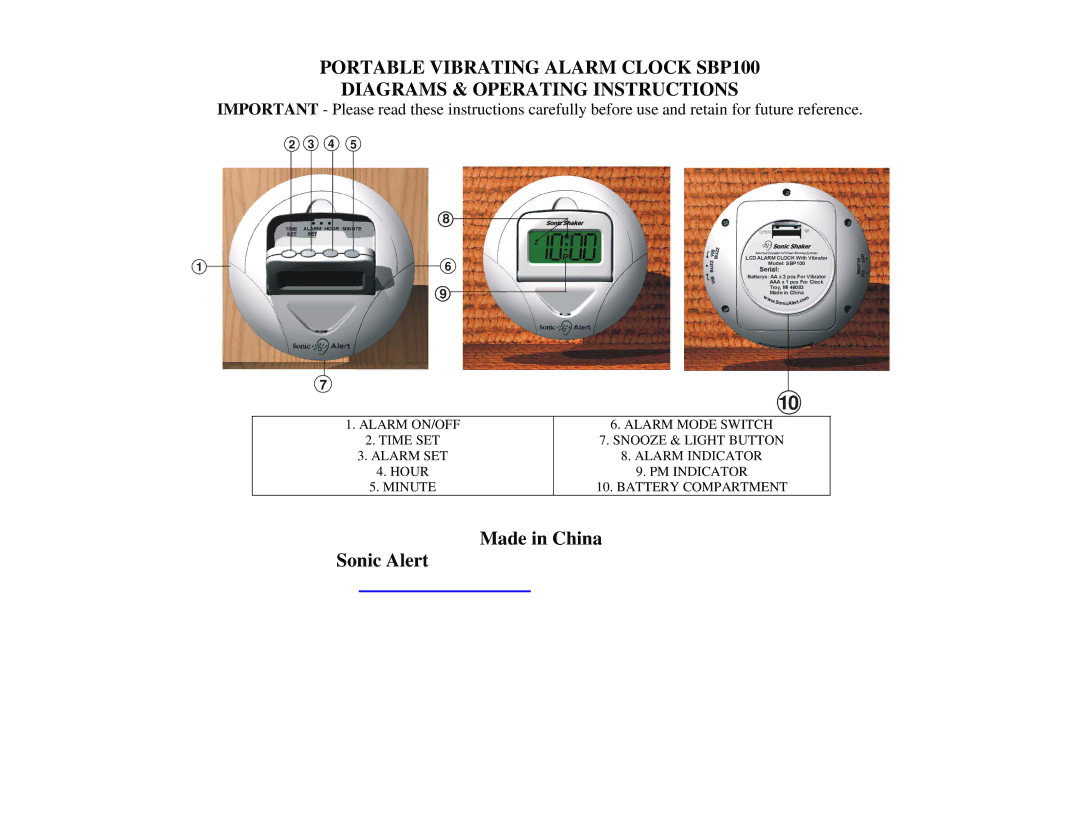 Sonic Alert SBP100 warranty Sonic Alert Made in China 