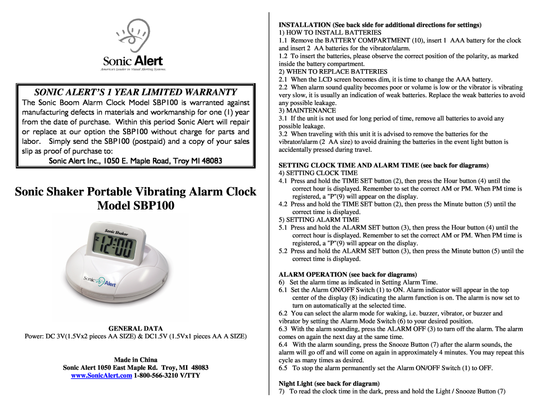 Sonic Alert warranty Sonic Shaker Portable Vibrating Alarm Clock, Model SBP100, SONIC ALERT’S 1 YEAR LIMITED WARRANTY 