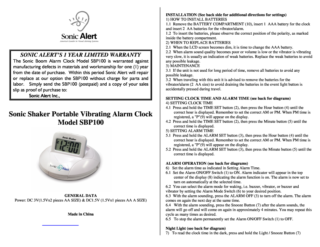 Sonic Alert warranty Sonic Shaker Portable Vibrating Alarm Clock, Model SBP100, SONIC ALERT’S 1 YEAR LIMITED WARRANTY 