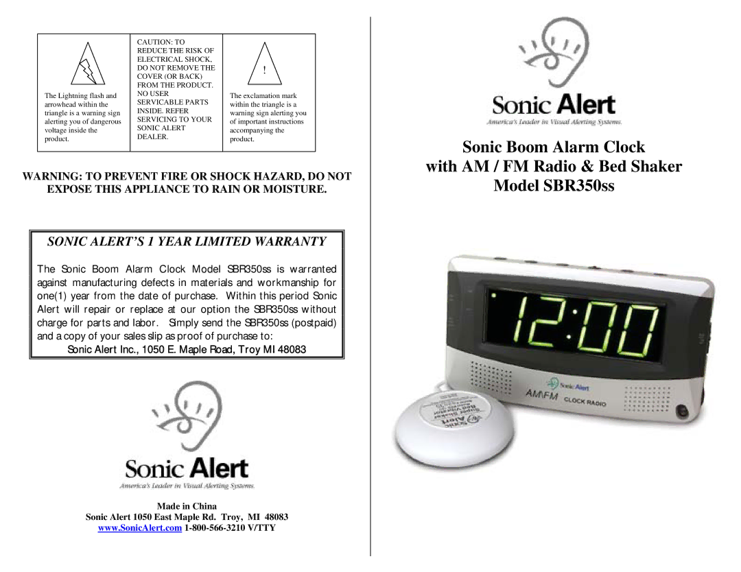 Sonic Alert SBR350SS warranty Sonic Boom Alarm Clock, With AM / FM Radio & Bed Shaker Model SBR350ss 