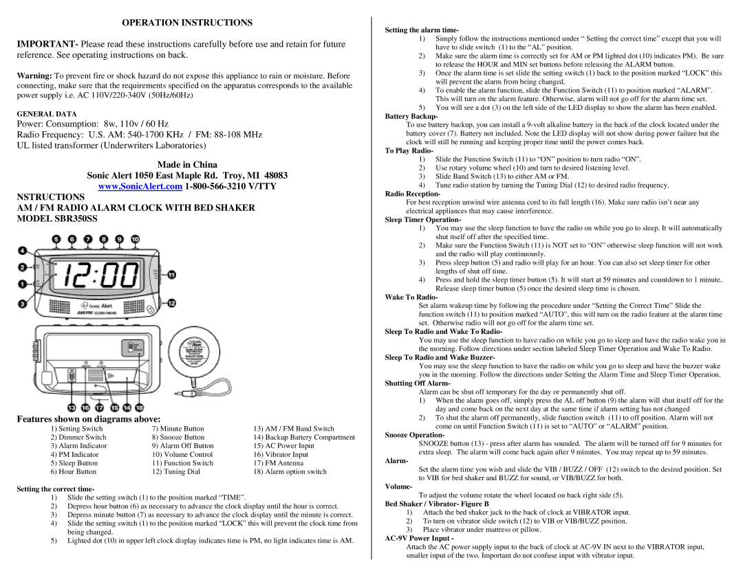 Sonic Alert SBR350SS Setting the correct time, Setting the alarm time, Battery Backup, To Play Radio, Radio Reception 