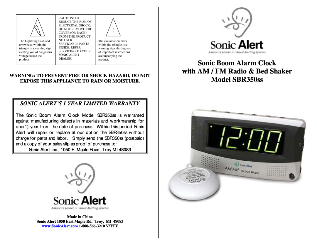 Sonic Alert SBR350SS warranty Sonic Boom Alarm Clock, with AM / FM Radio & Bed Shaker Model SBR350ss 