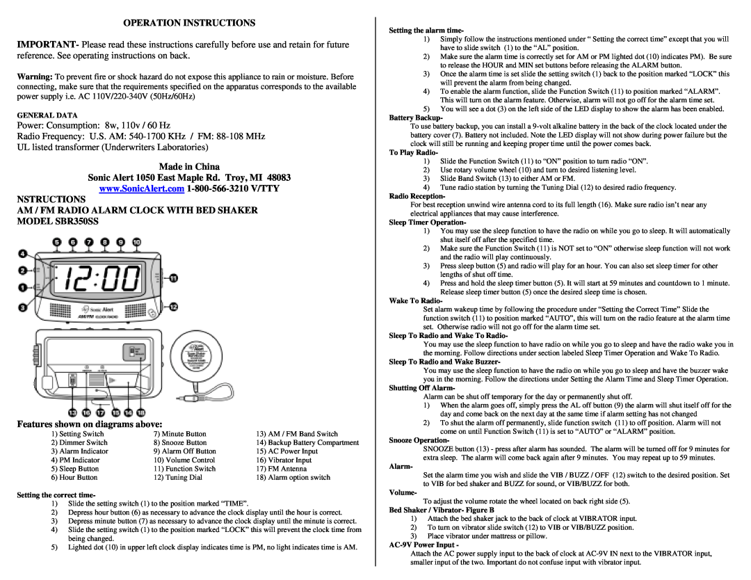 Sonic Alert SBR350SS warranty Operation Instructions, Power Consumption 8w, 110v / 60 Hz, Features shown on diagrams above 
