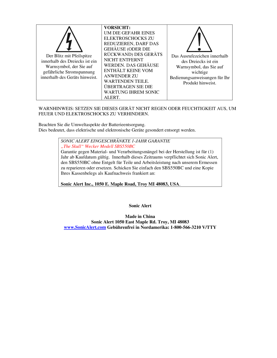 Sonic Alert SBS550BC operating instructions Vorsicht, Sonic Alert Eingeschränkte 1-JAHR Garantie 