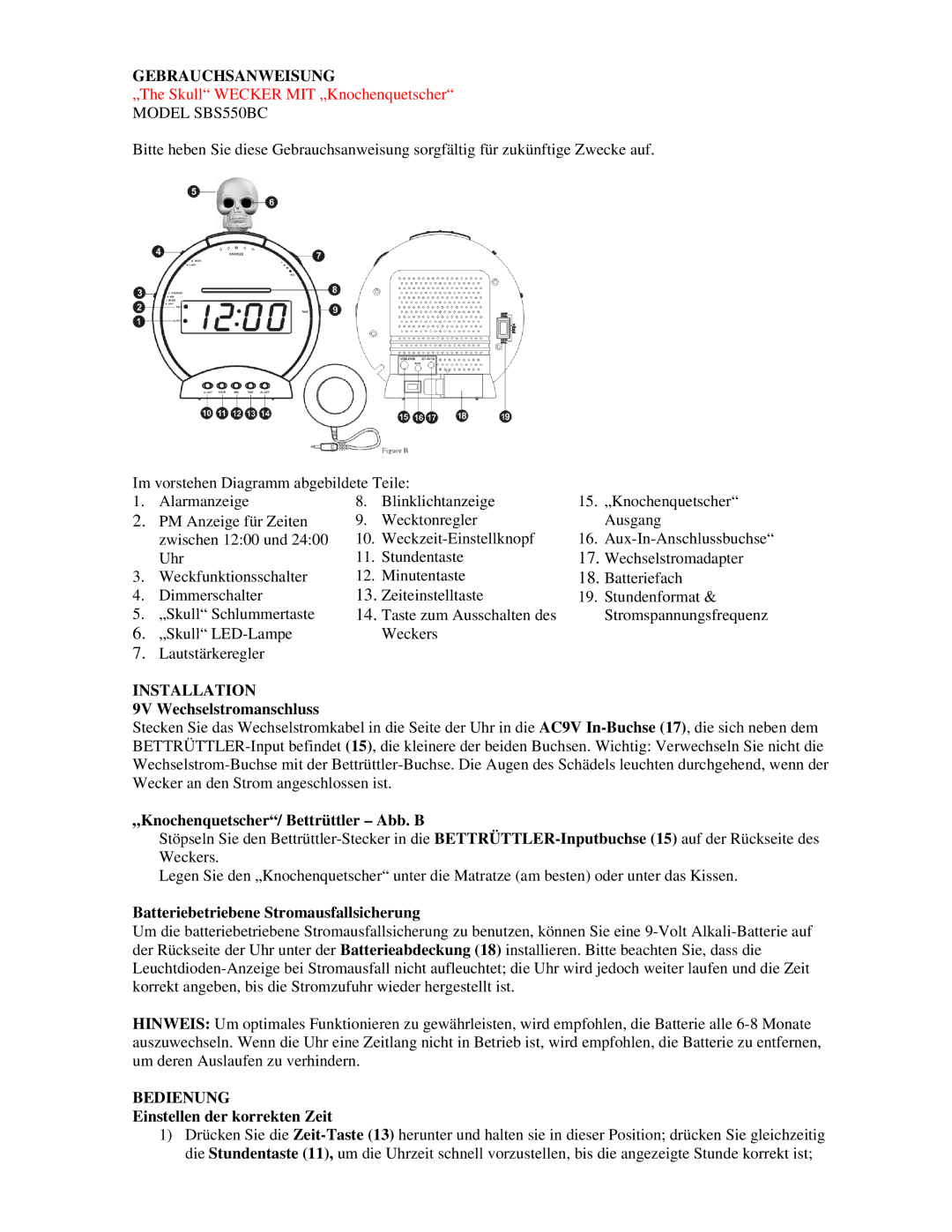 Sonic Alert SBS550BC operating instructions Gebrauchsanweisung, Bedienung 