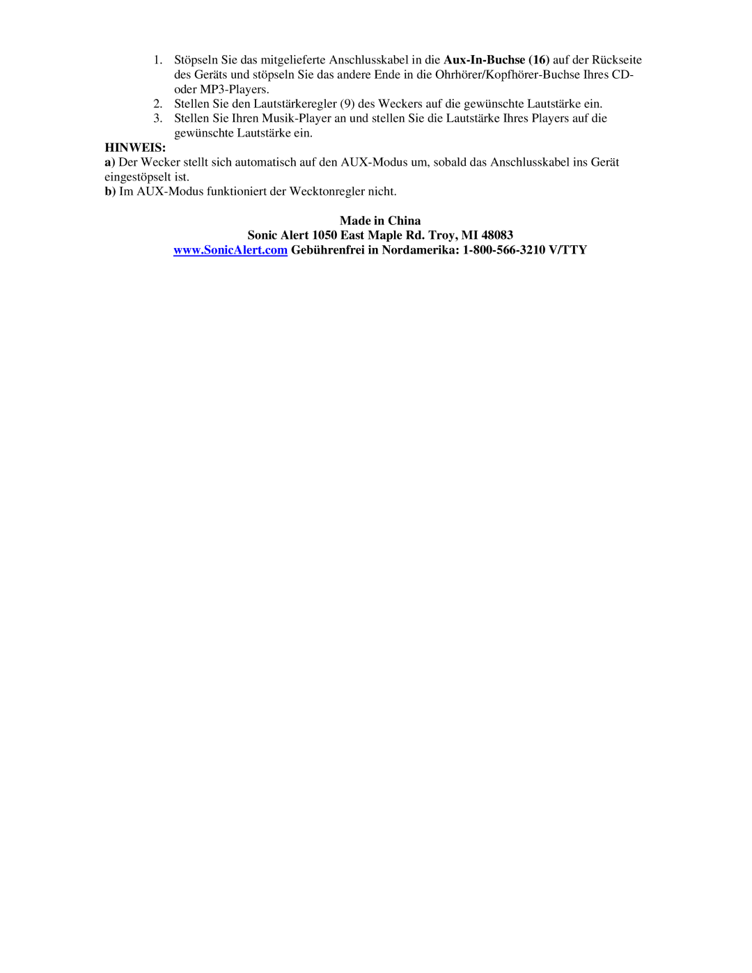 Sonic Alert SBS550BC operating instructions Hinweis, Made in China Sonic Alert 1050 East Maple Rd. Troy, MI 