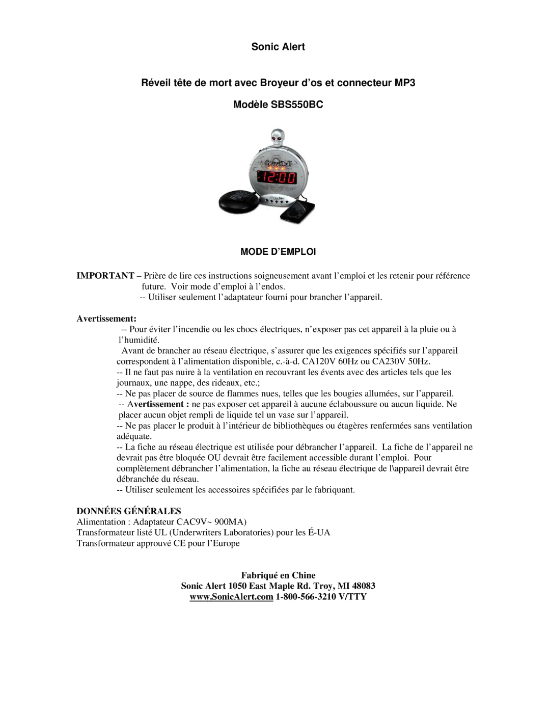 Sonic Alert SBS550BC operating instructions Mode D’EMPLOI, Avertissement, Données Générales 