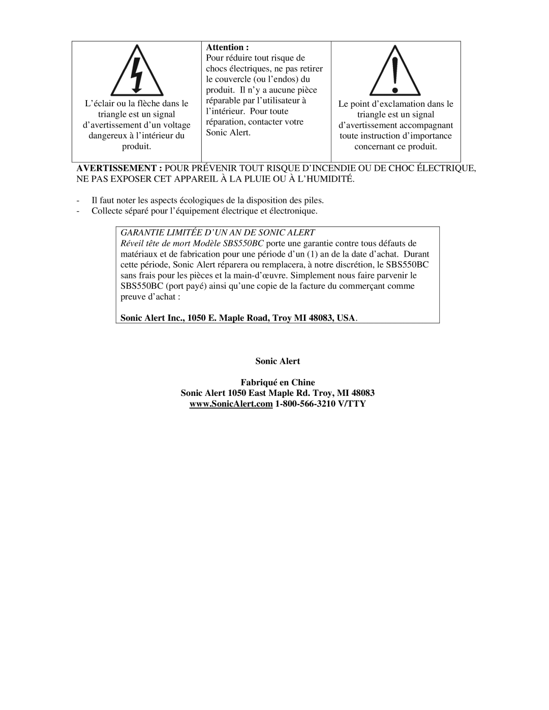 Sonic Alert SBS550BC operating instructions Garantie Limitée D’UN AN DE Sonic Alert 