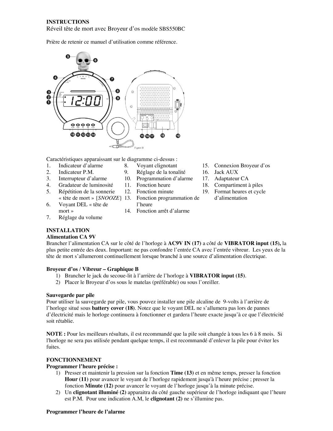 Sonic Alert SBS550BC operating instructions Fonctionnement 