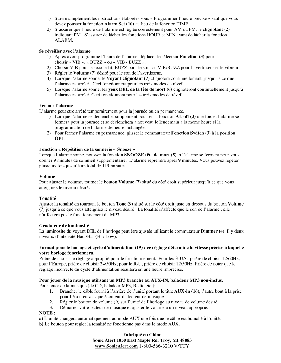 Sonic Alert SBS550BC Se réveiller avec l’alarme, Fermer l’alarme, Fonction « Répétition de la sonnerie Snooze », Tonalité 