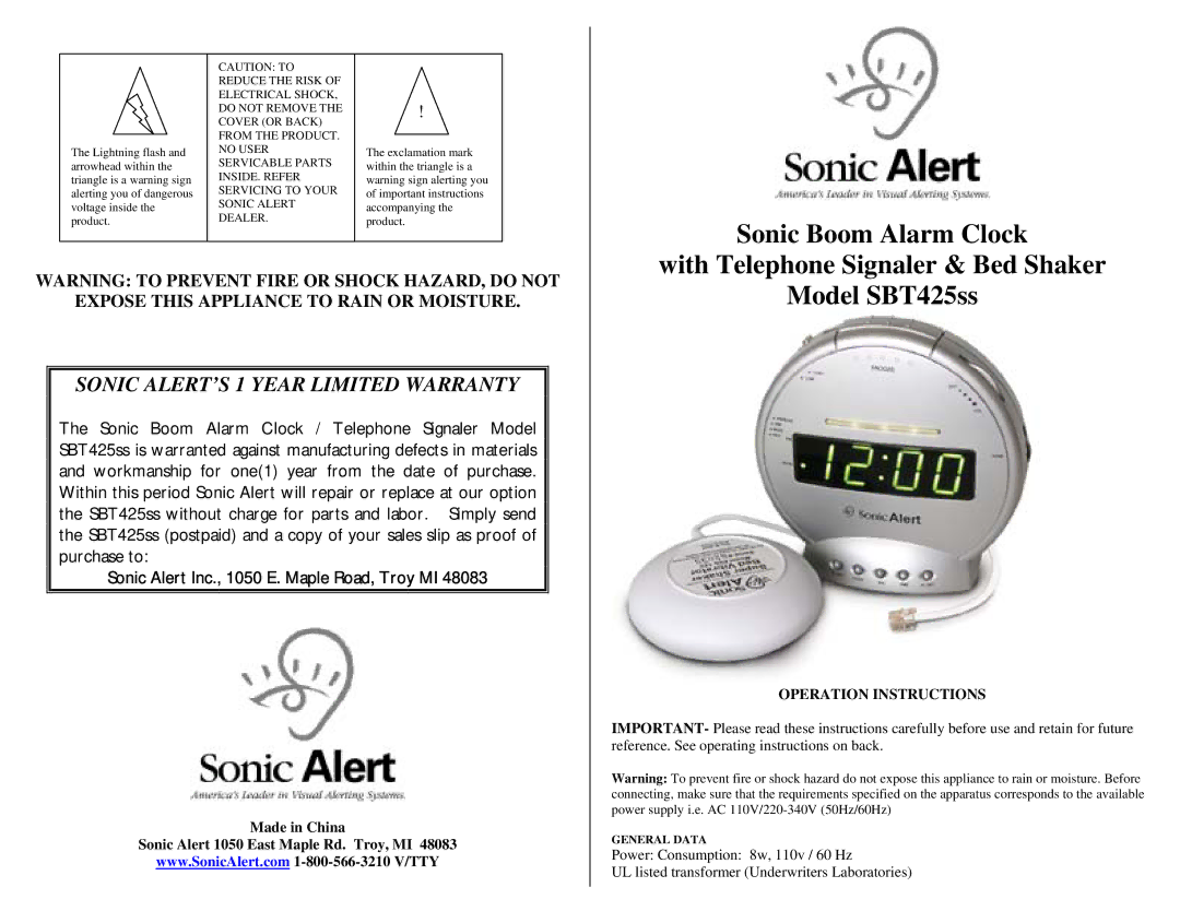 Sonic Alert SBT425SS warranty Sonic Boom Alarm Clock, With Telephone Signaler & Bed Shaker Model SBT425ss 