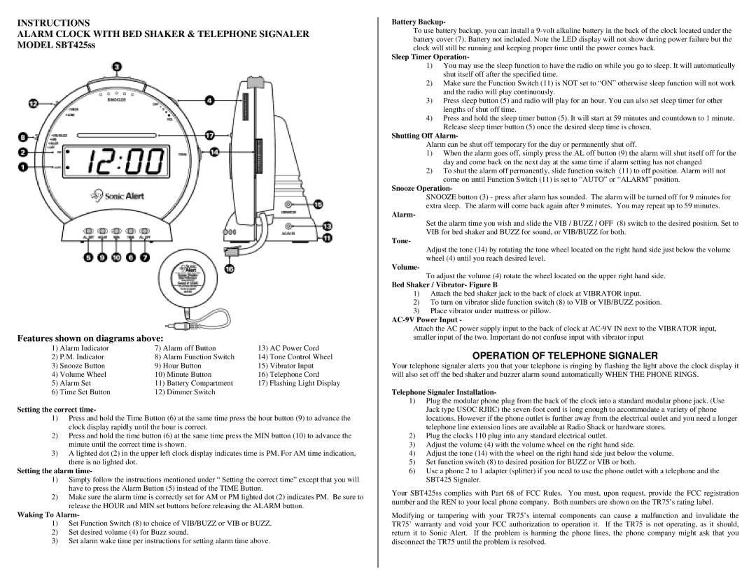 Sonic Alert SBT425SS warranty Instructions 