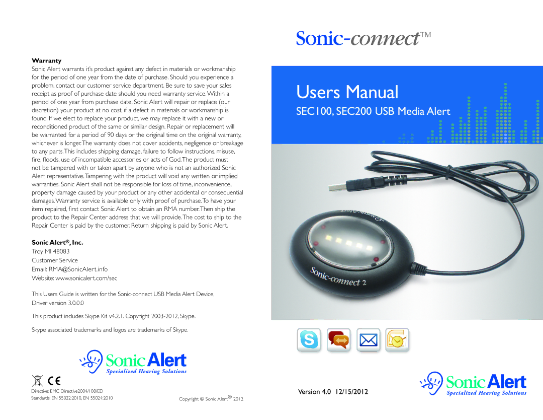 Sonic Alert SEC100, SEC200 user manual Warranty, Sonic Alert, Inc, Troy, MI Customer Service Email RMA@SonicAlert.info 