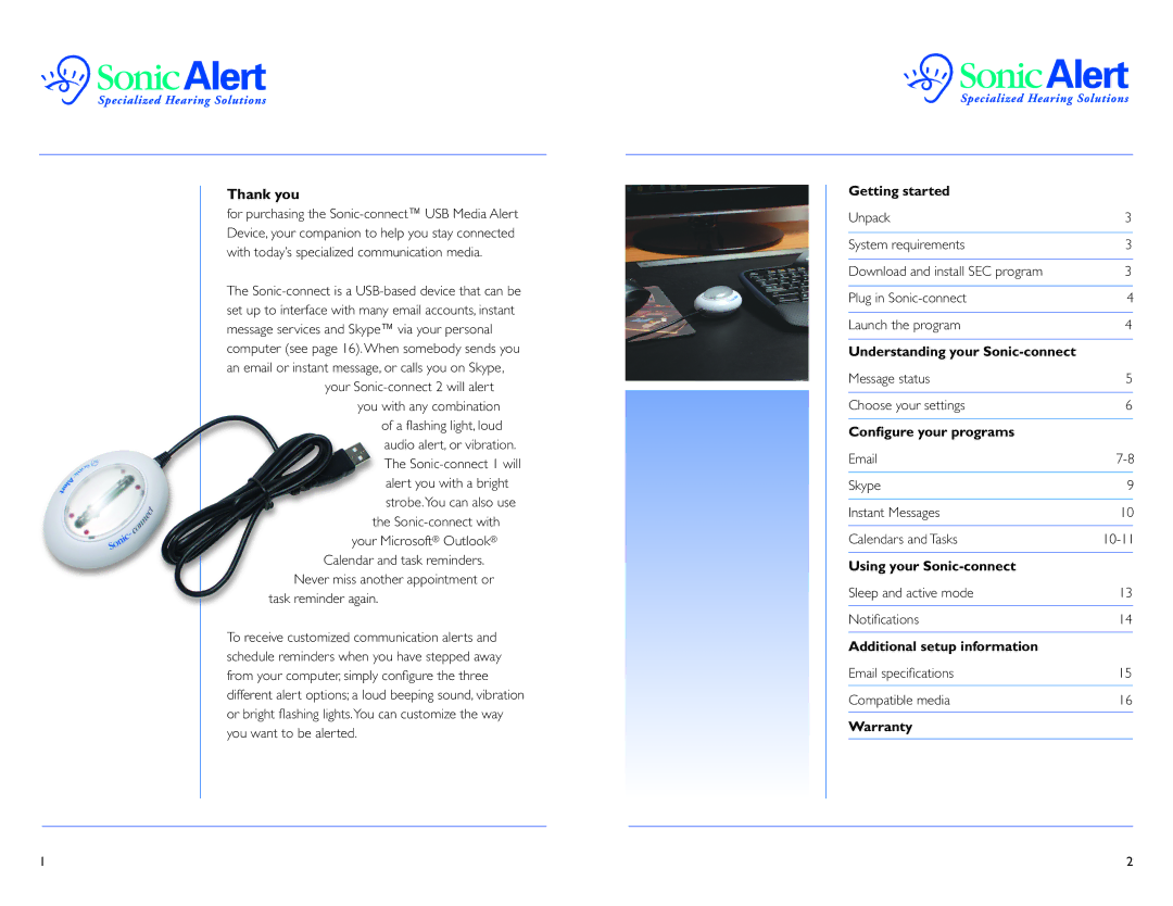 Sonic Alert SEC200, SEC100 user manual Thank you, Getting started, Conﬁgure your programs, Using your Sonic-connect 