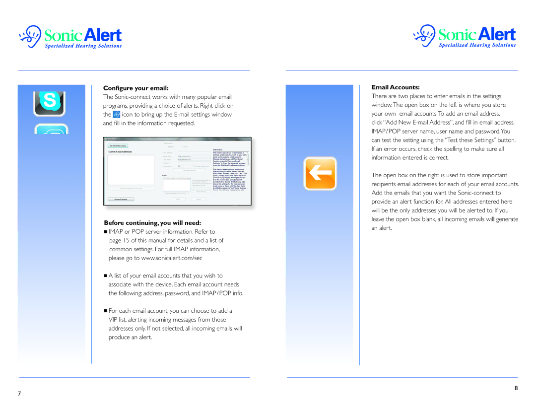 Sonic Alert SEC100, SEC200 user manual Conﬁgure your email, Before continuing, you will need, Email Accounts 