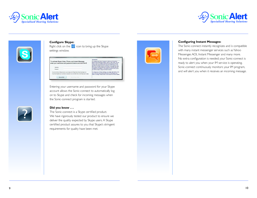 Sonic Alert SEC200 Conﬁgure Skype, Did you know, Sonic-connect is a Skype certiﬁ ed product, Conﬁguring Instant Messages 