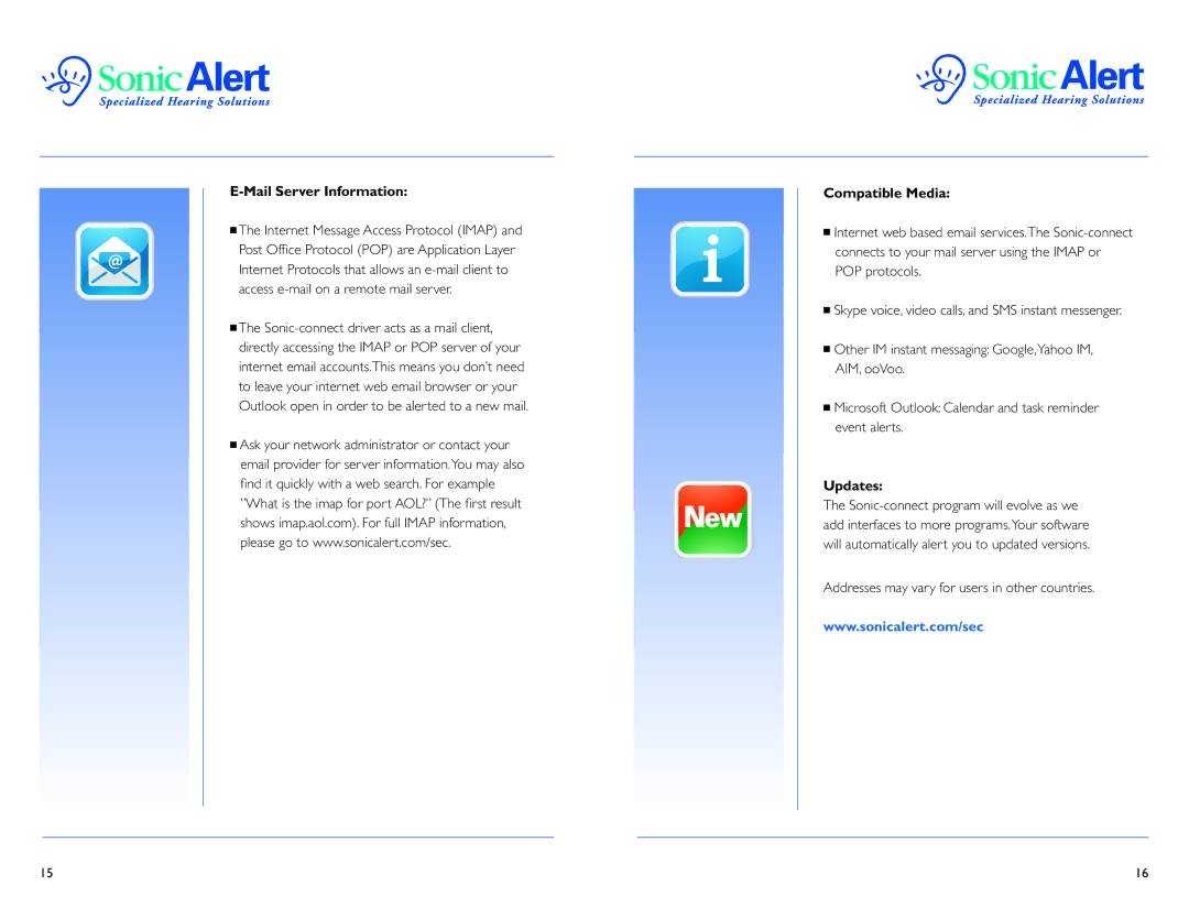 Sonic Alert SEC100 Mail Server Information, Compatible Media, Updates, Addresses may vary for users in other countries 