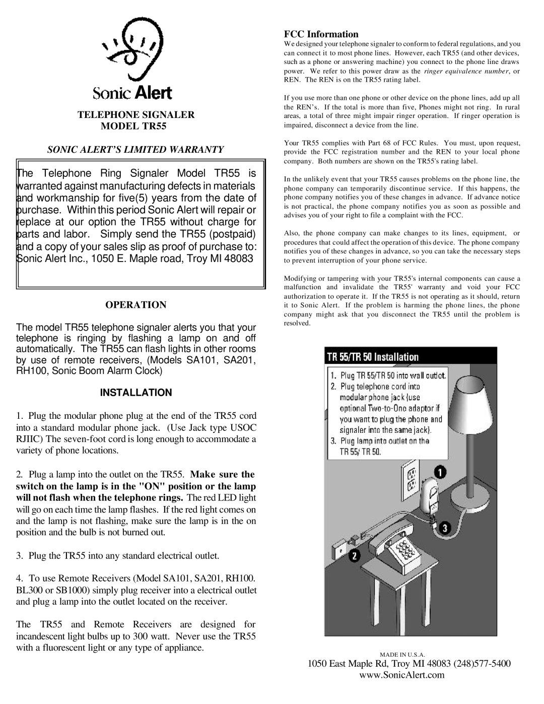 Sonic Alert warranty Telephone Signaler Model TR55, Operation, Installation, FCC Information 