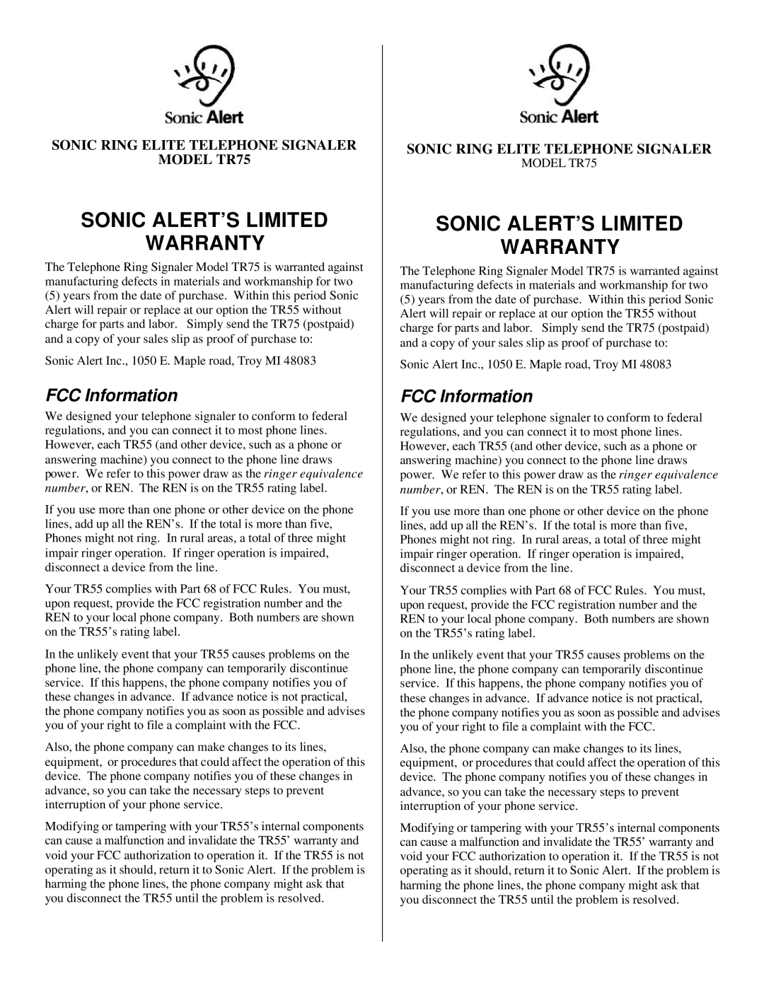 Sonic Alert TR75 warranty Sonic ALERT’S Limited Warranty, FCC Information 