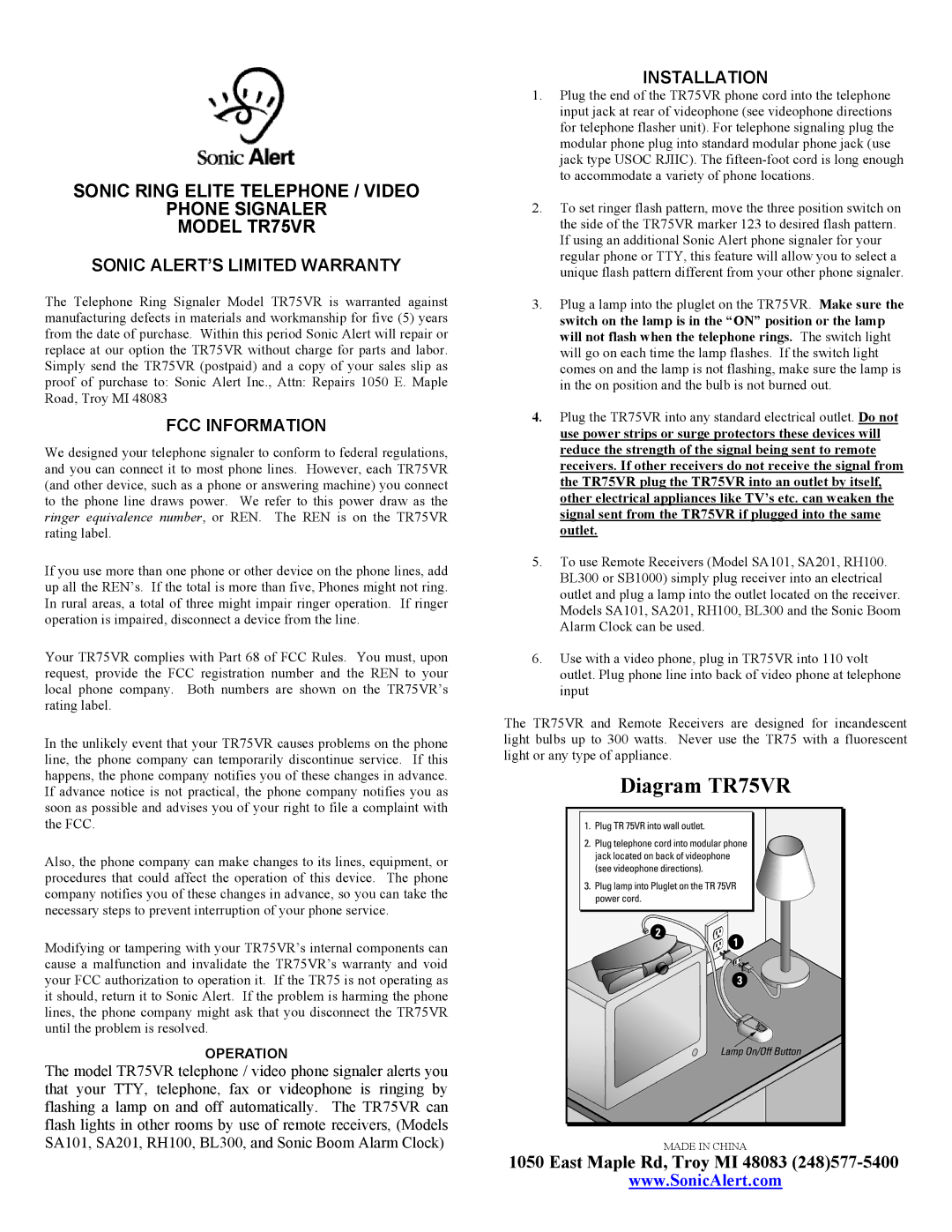 Sonic Alert TR75VR warranty FCC Information, Installation 