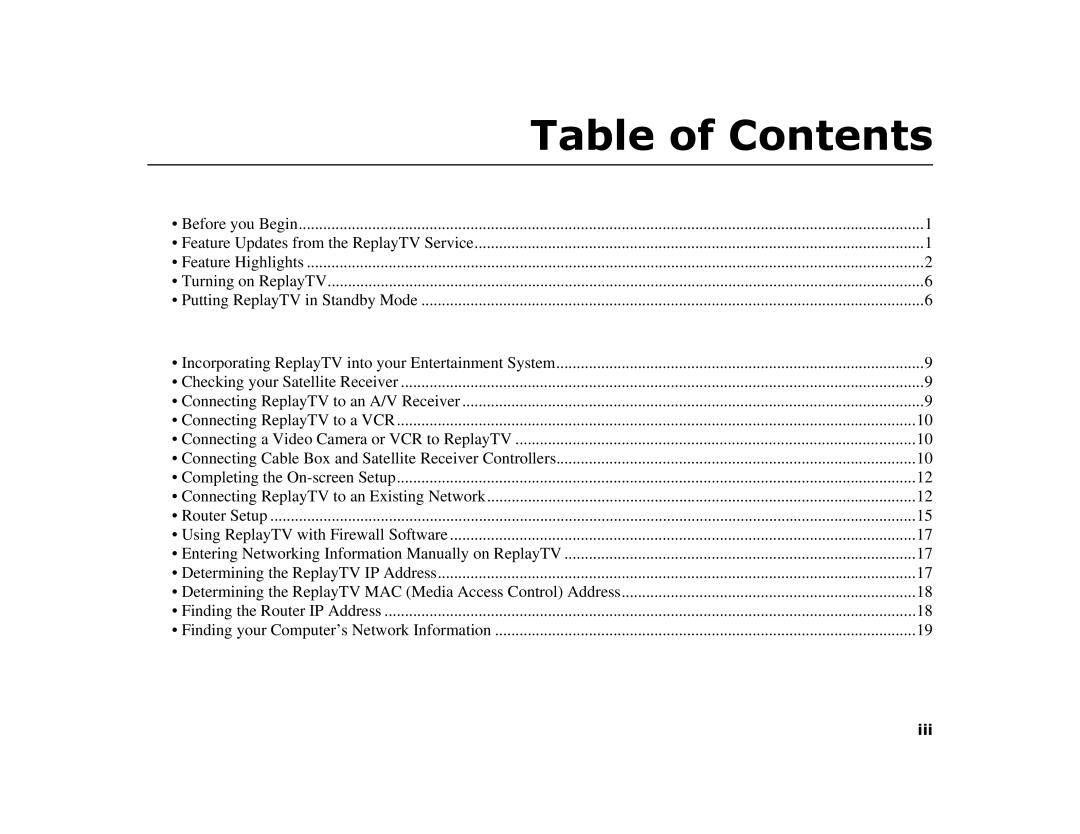 Sonic Blue 4500 manual Table of Contents 