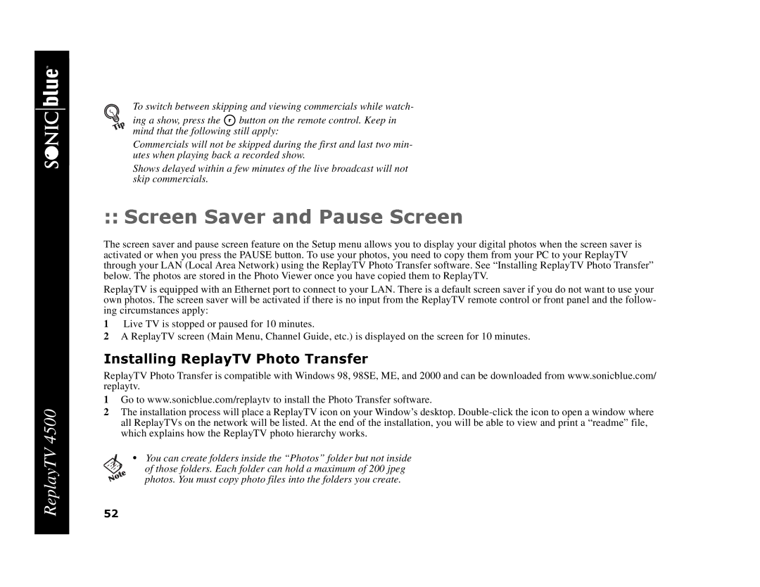 Sonic Blue 4500 manual Which explains how the ReplayTV photo hierarchy works 