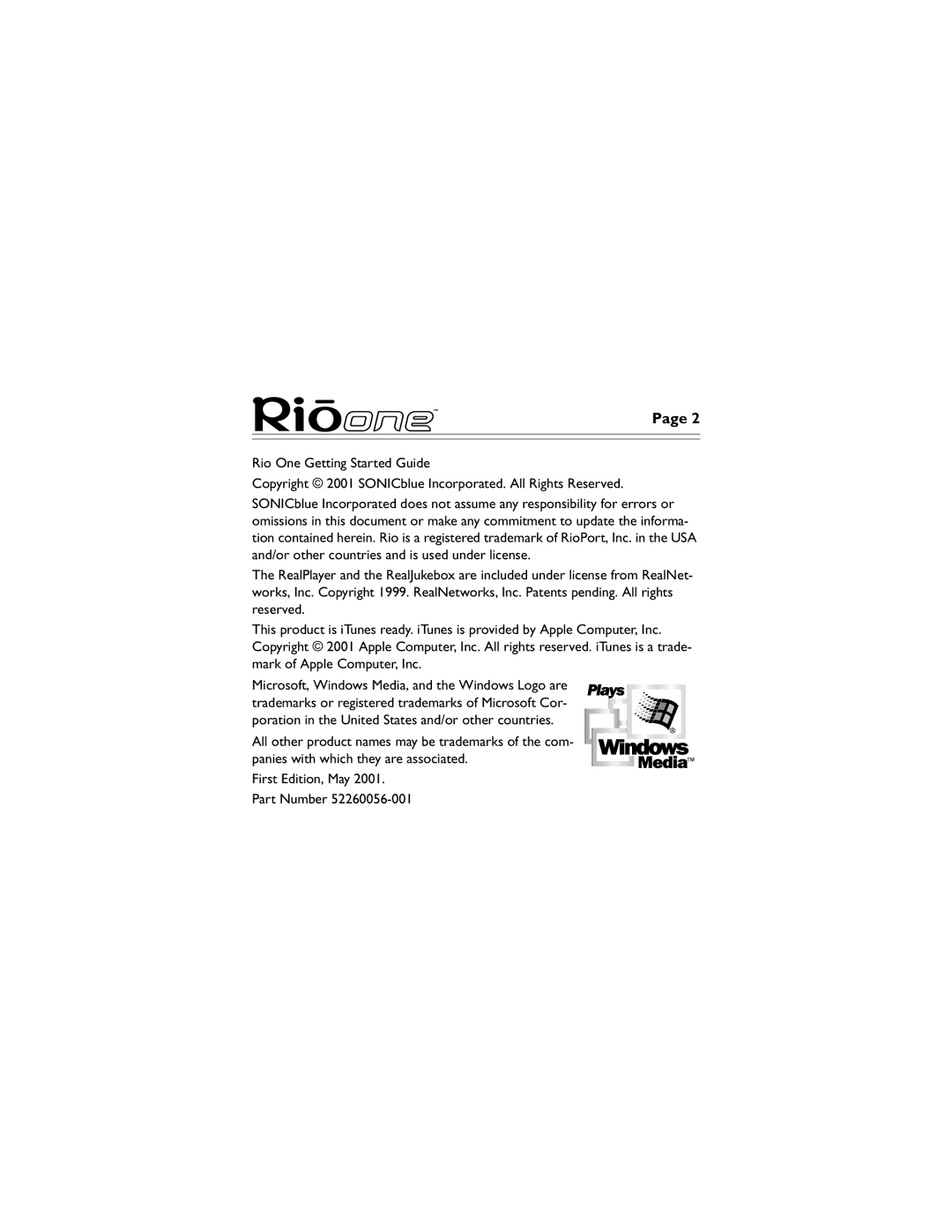 Sonic Blue 52260056-001 manual Rio One Getting Started Guide 