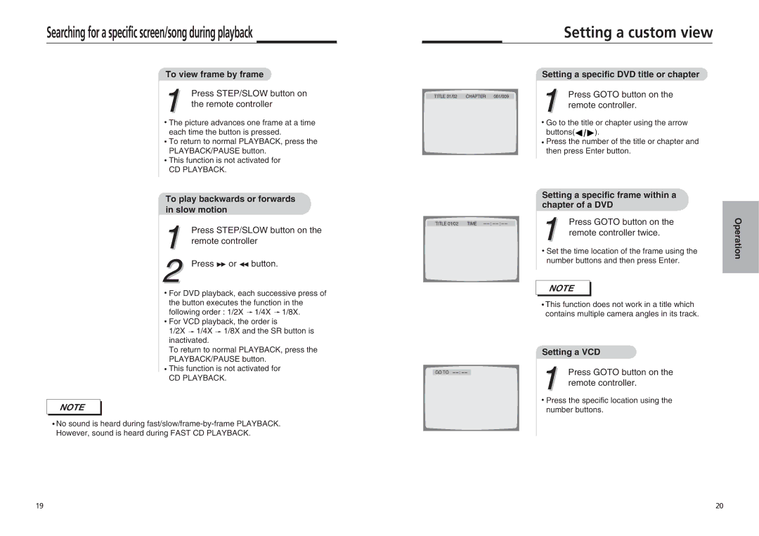 Sonic Blue DVP855 manual To view frame by frame, To play backwards or forwards in slow motion, Setting a VCD 