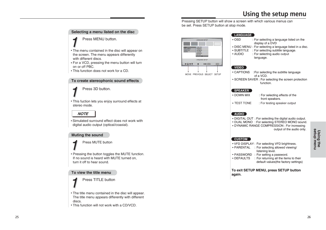 Sonic Blue DVP855 manual Using the setup menu, Selecting a menu listed on the disc, To create stereophonic sound effects 