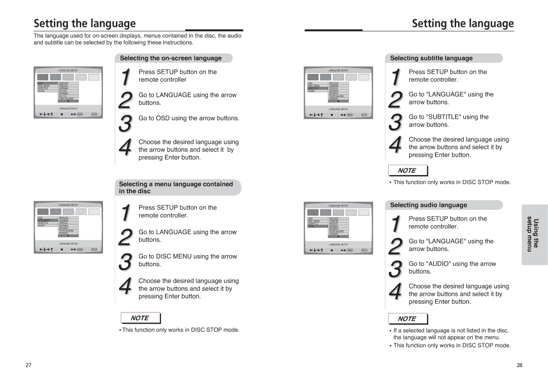 Sonic Blue DVP855 manual Setting the language, Selecting the on-screen language, Selecting subtitle language 