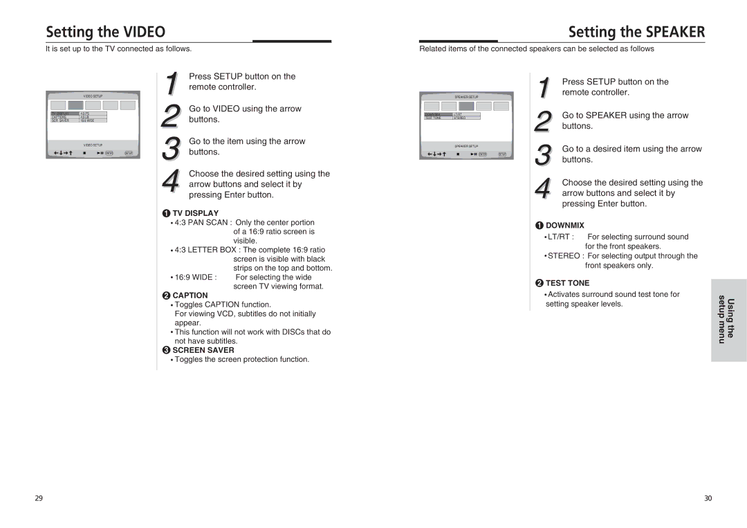 Sonic Blue DVP855 manual Setting the Video, Setting the Speaker 