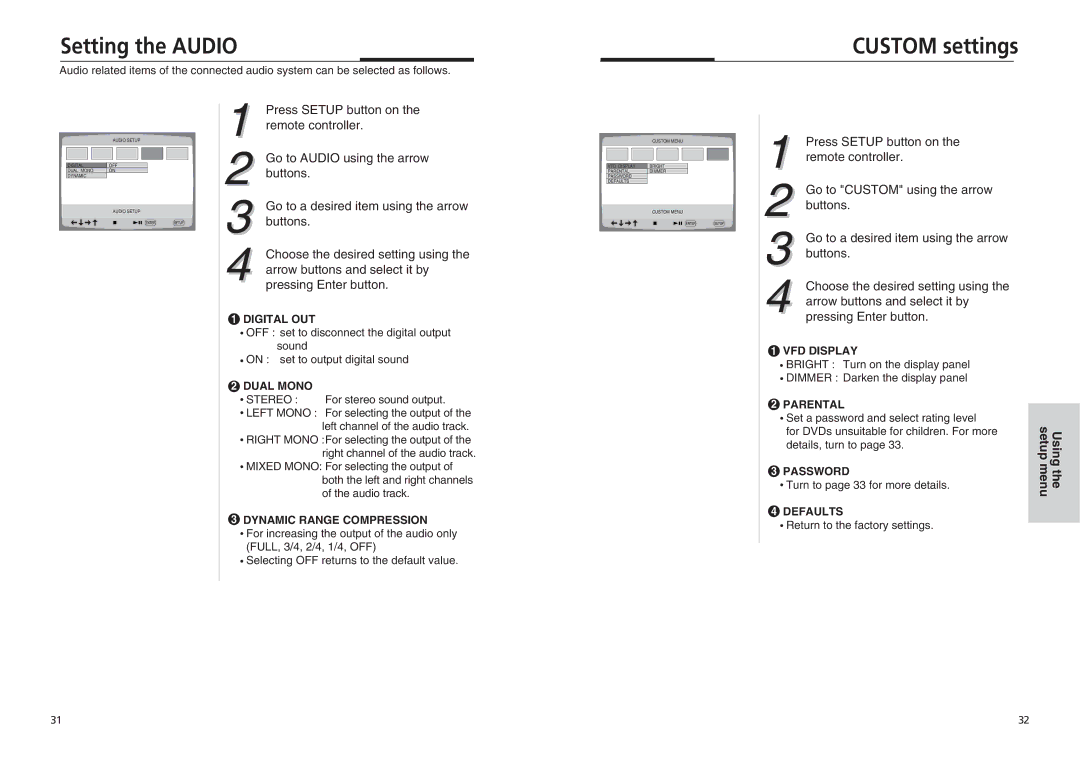 Sonic Blue DVP855 manual Setting the Audio, Custom settings 