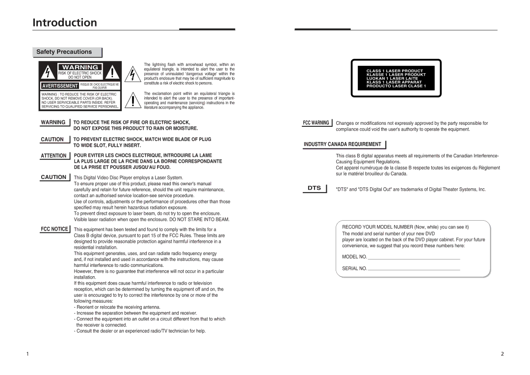 Sonic Blue DVP855 manual Introduction, Safety Precautions, Industry Canada Requirement, Dts 