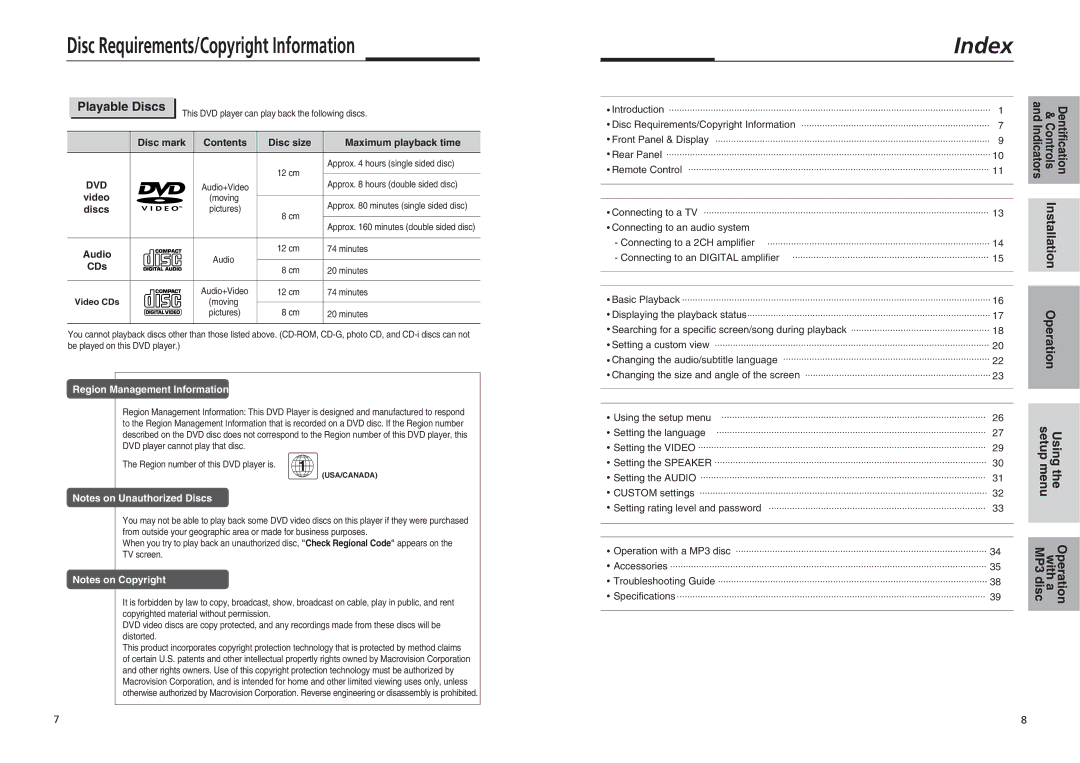 Sonic Blue DVP855 manual Disc Requirements/Copyright Information, Playable Discs, Installation, Controls Dentification 