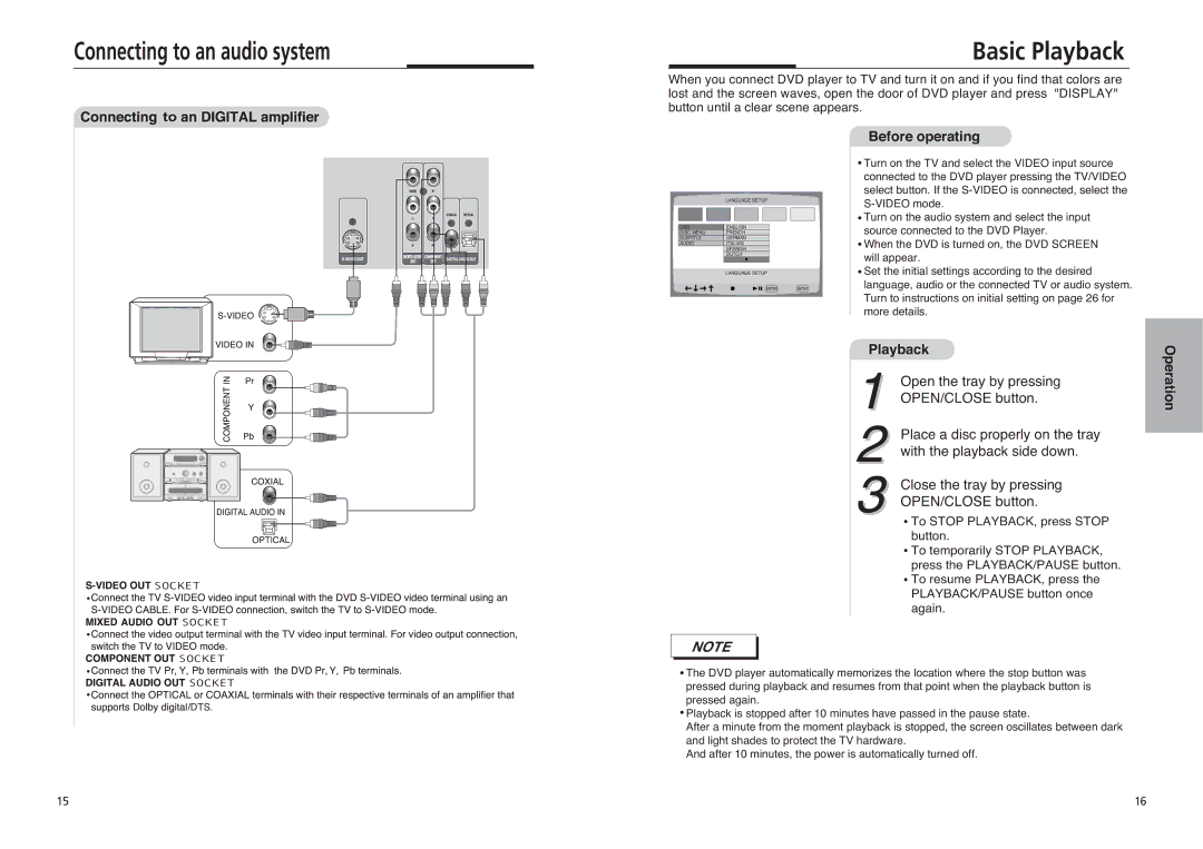 Sonic Blue DVP855 manual Connecting to an audio system Basic Playback, Before operating, Operation 