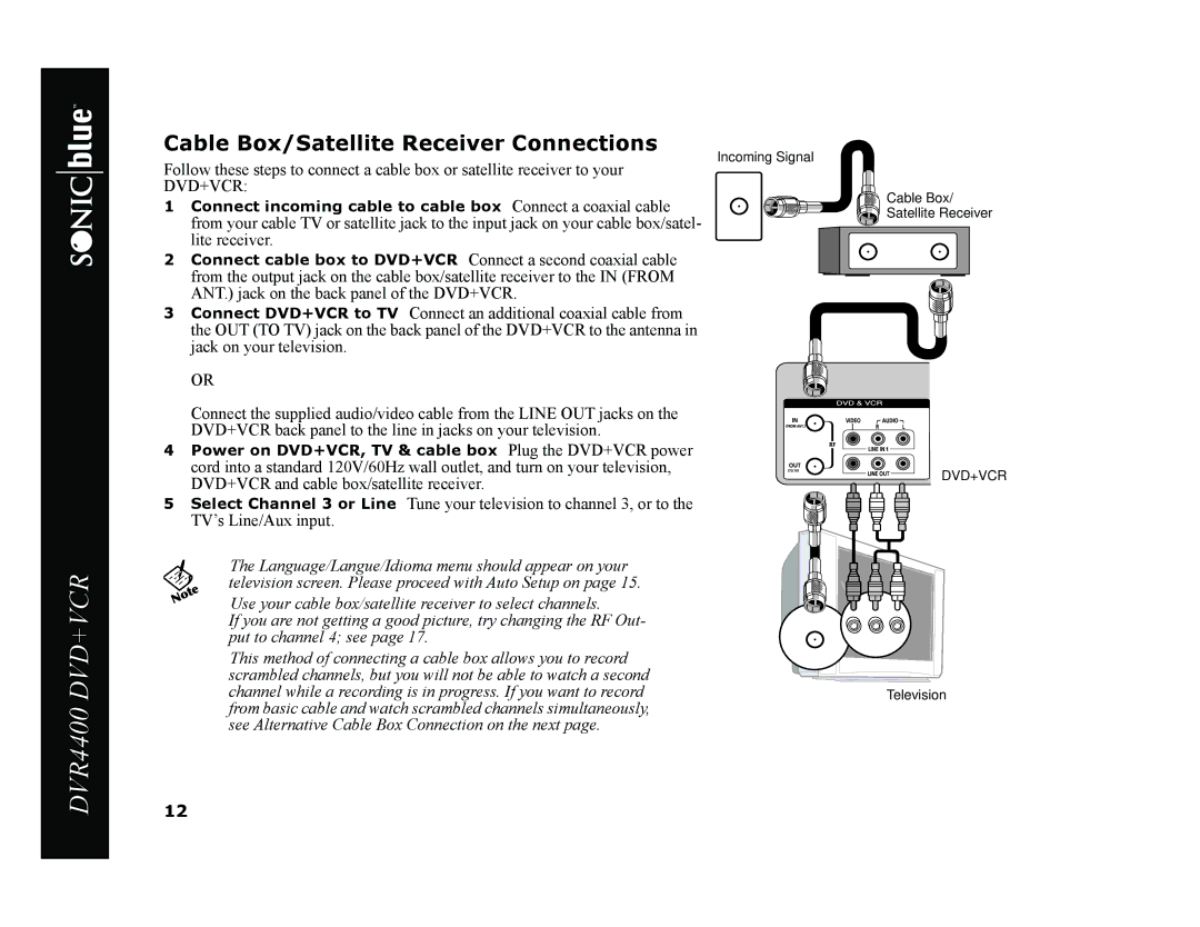 Sonic Blue DVR4400 manual Cable Box/Satellite Receiver Connections 