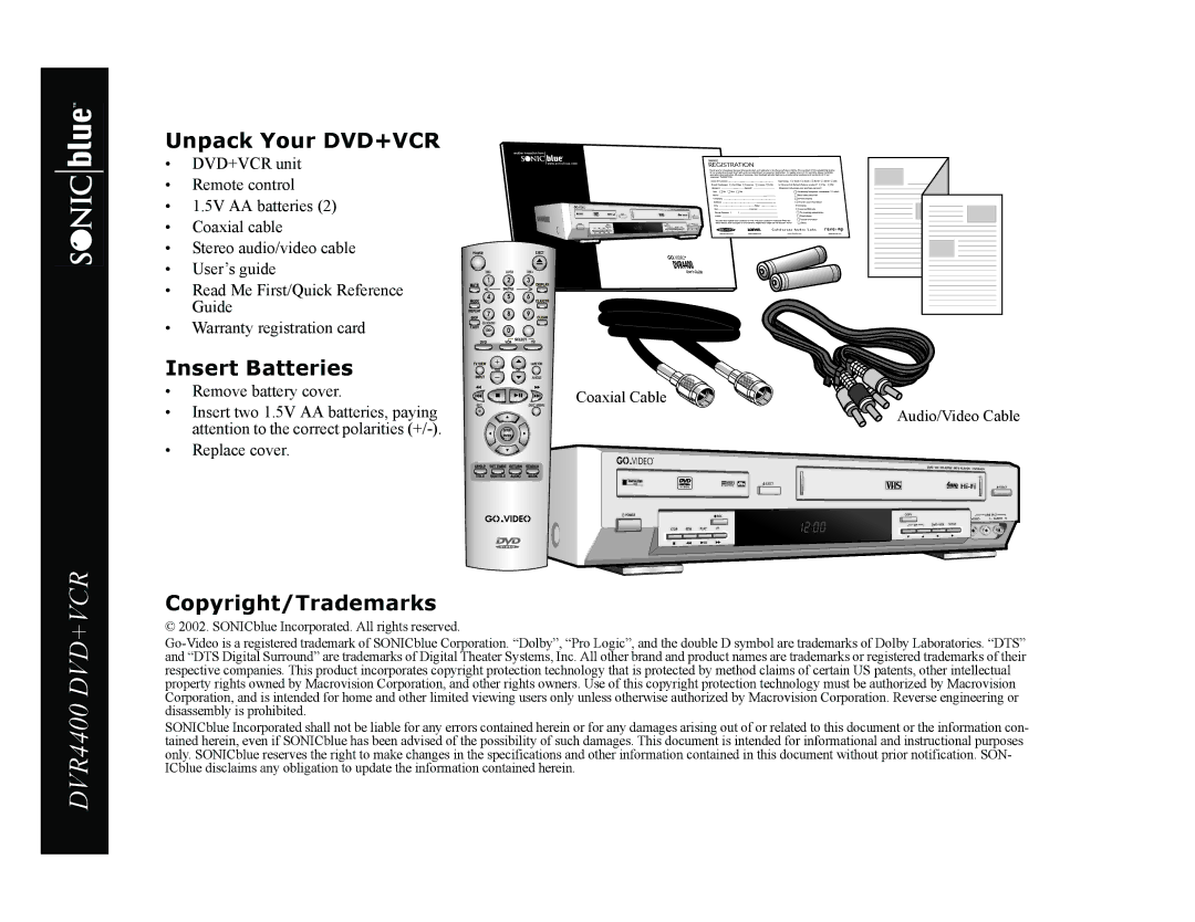 Sonic Blue DVR4400 manual Unpack Your DVD+VCR, Insert Batteries, Copyright/Trademarks 