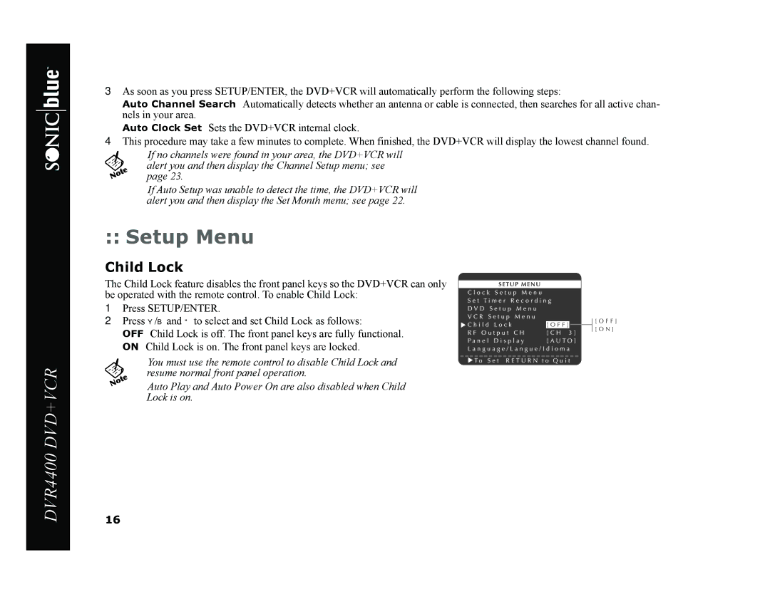 Sonic Blue DVR4400 manual Setup Menu, Child Lock 