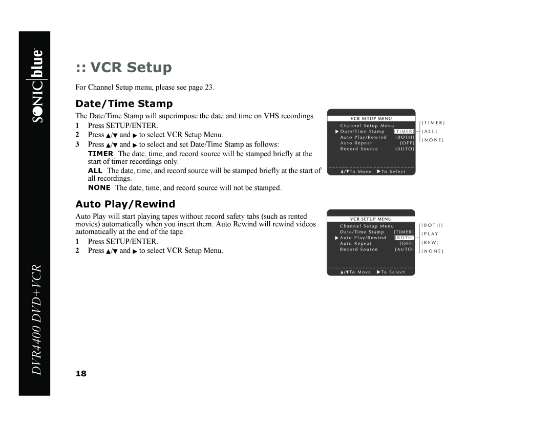 Sonic Blue DVR4400 manual VCR Setup, Date/Time Stamp, Auto Play/Rewind 