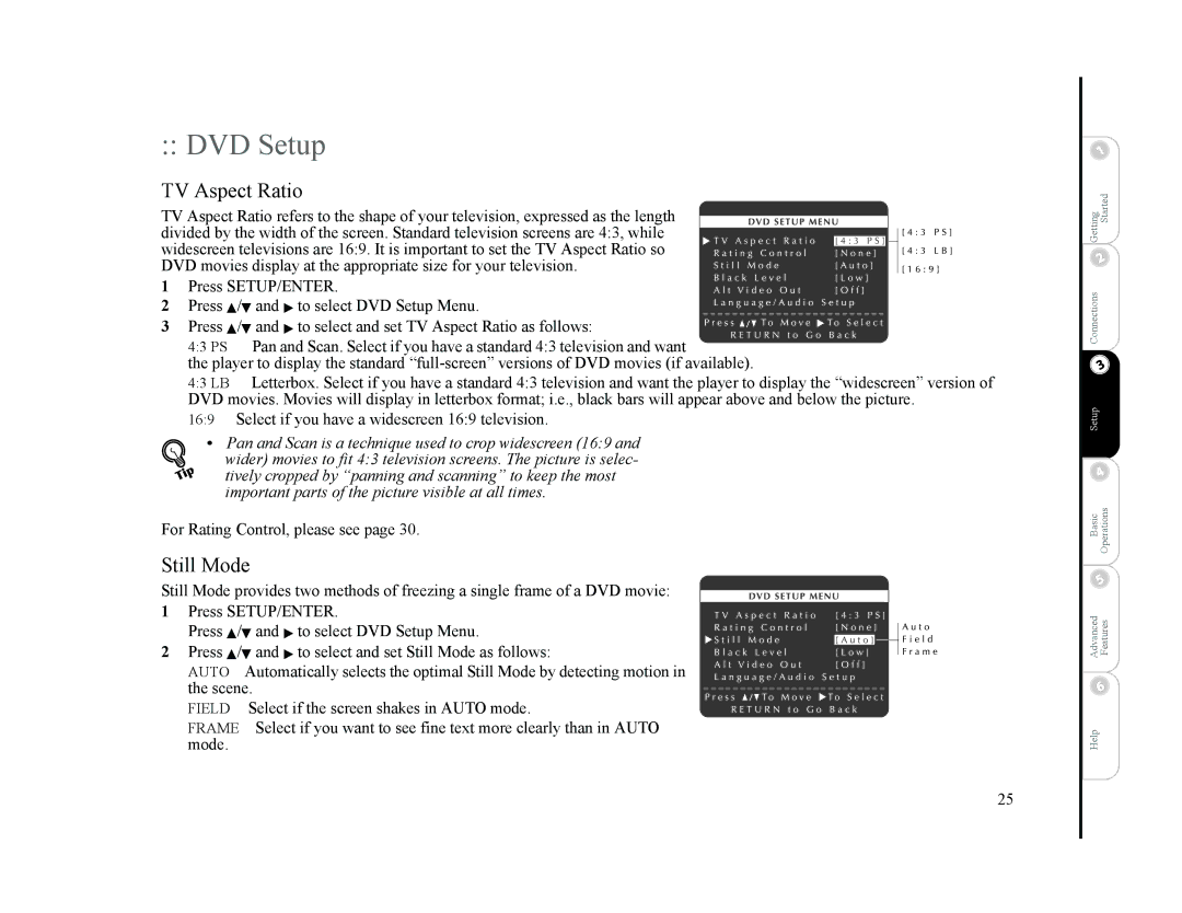 Sonic Blue DVR4400 manual DVD Setup, TV Aspect Ratio, Still Mode 