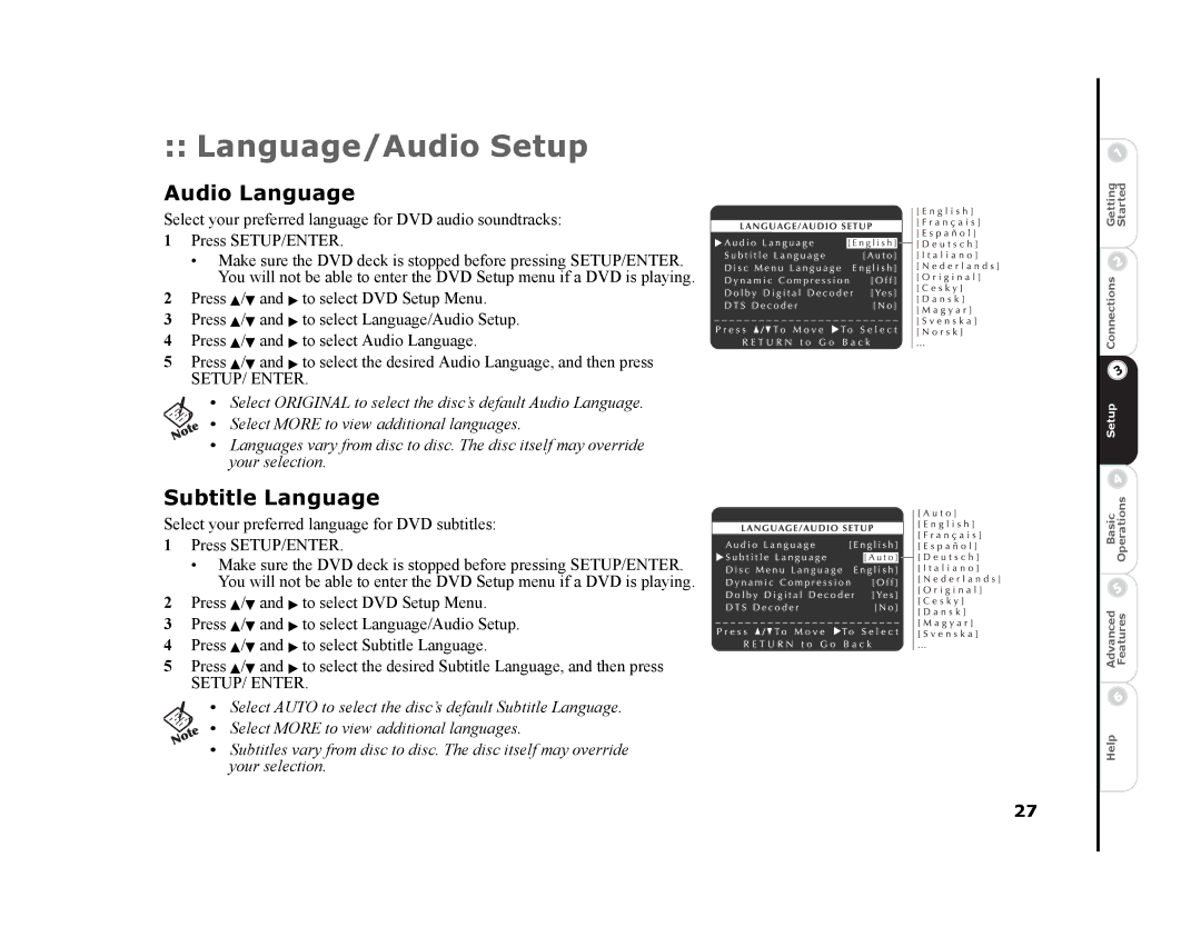 Sonic Blue DVR4400 manual Language/Audio Setup, Audio Language, Subtitle Language 